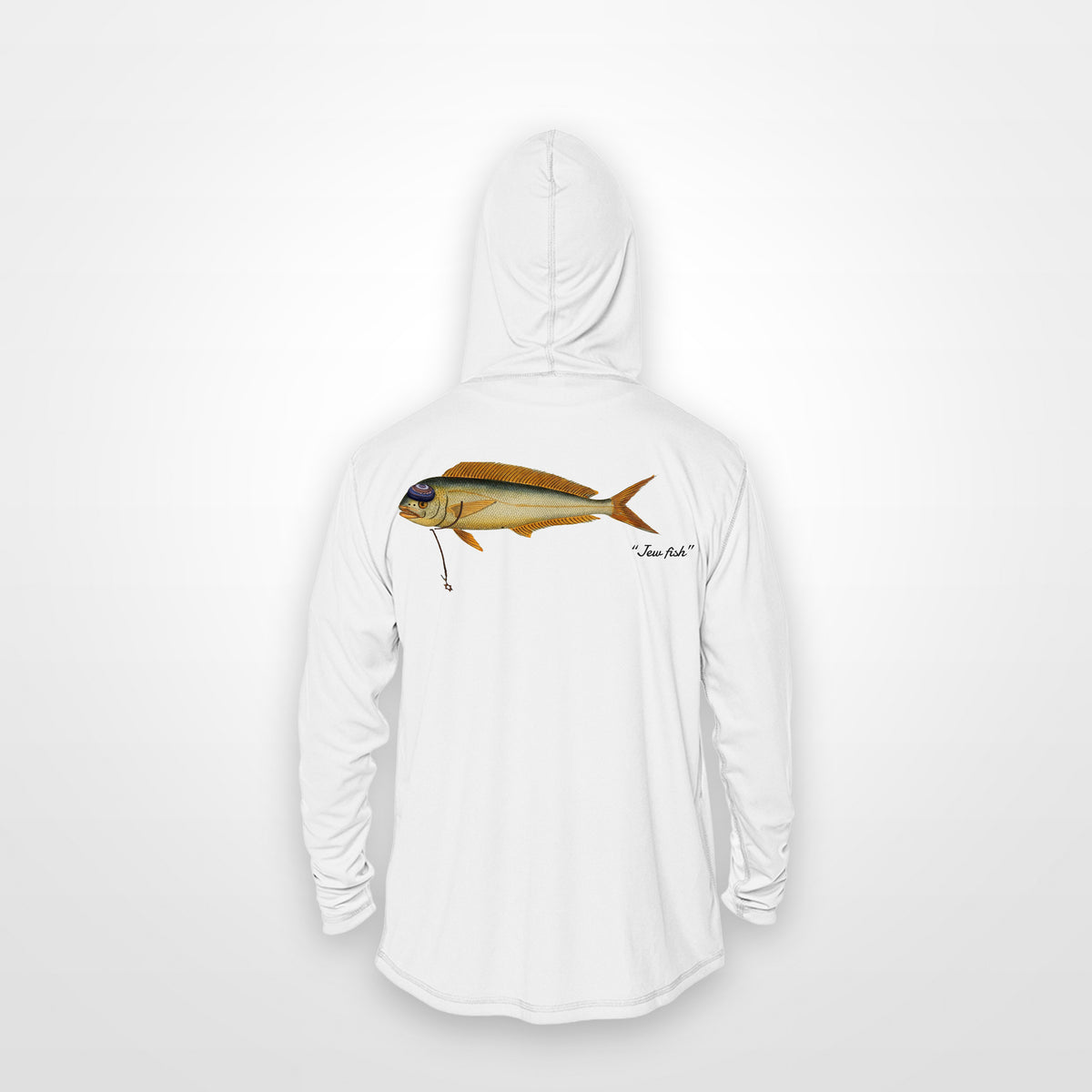 White "Jew fish" mahi sun hoodie, back view: mahi in a kippah and Star of David chain, printed 12 inches wide