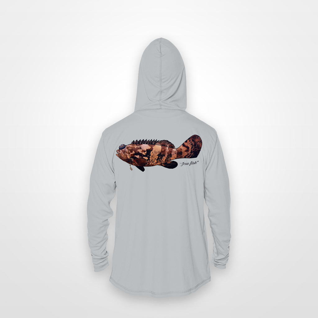 Light Grey "Jew fish" Goliath grouper sun hoodie, back view: Goliath grouper in a kippah and Star of David chain, printed 12 inches wide