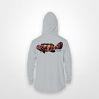 Light Grey "Jew fish" Goliath grouper sun hoodie, back view: Goliath grouper in a kippah and Star of David chain, printed 12 inches wide