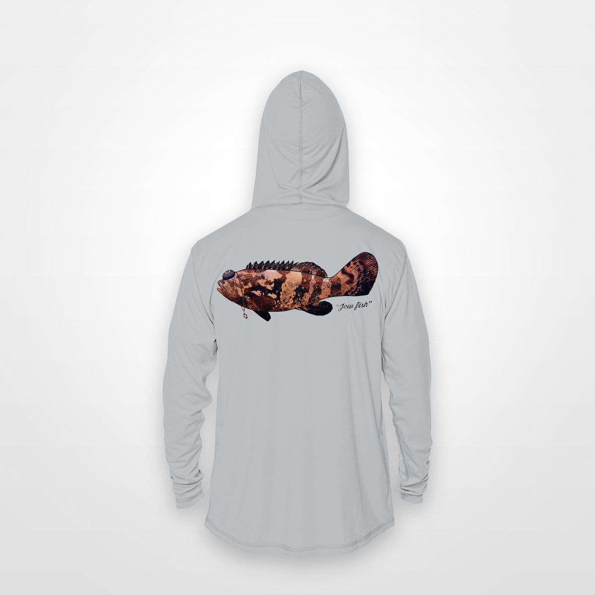 Light Grey "Jew fish" Goliath grouper sun hoodie, back view: Goliath grouper in a kippah and Star of David chain, printed 12 inches wide