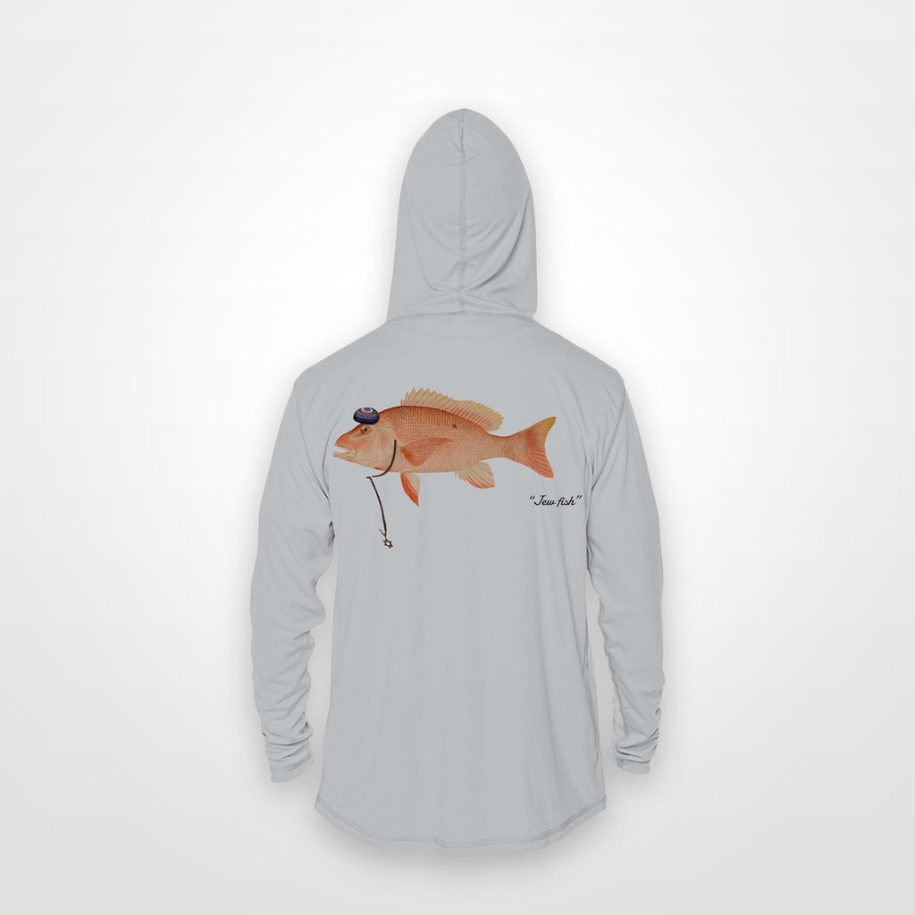 Light Grey "Jew fish" red snapper sun hoodie, back view: red snapper in a kippah and Star of David chain, printed 12 inches wide