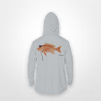 Light Grey "Jew fish" red snapper sun hoodie, back view: red snapper in a kippah and Star of David chain, printed 12 inches wide