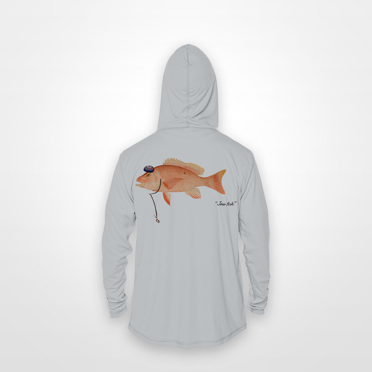 Light Grey "Jew fish" red snapper sun hoodie, back view: red snapper in a kippah and Star of David chain, printed 12 inches wide