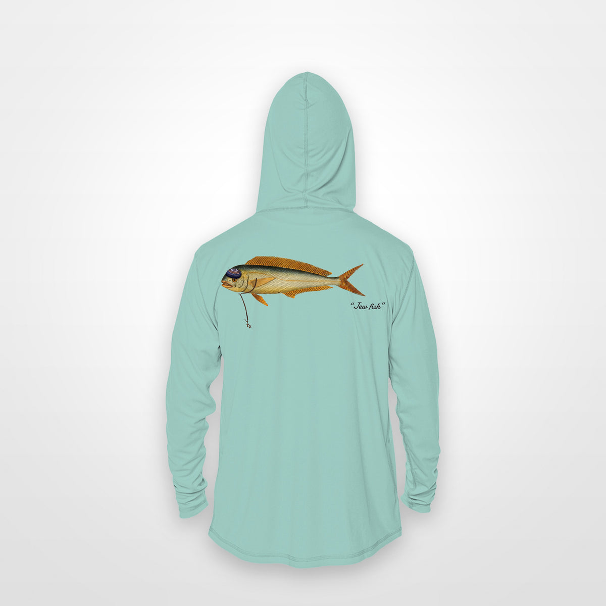 Seafoam "Jew fish" mahi sun hoodie, back view: mahi in a kippah and Star of David chain, printed 12 inches wide