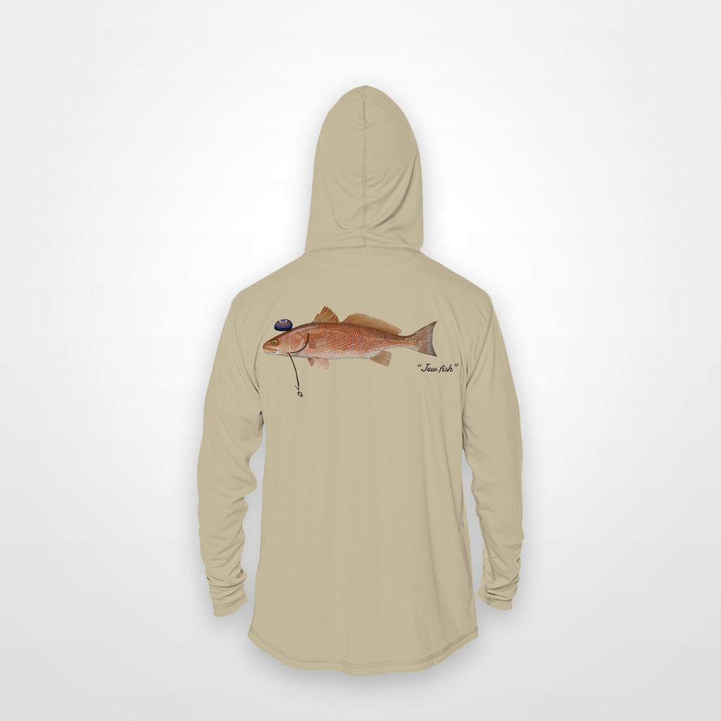 Sand "Jew fish" redfish sun hoodie, back view: redfish in a kippah and Star of David chain, printed 12 inches wide