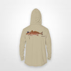 Sand "Jew fish" redfish sun hoodie, back view: redfish in a kippah and Star of David chain, printed 12 inches wide