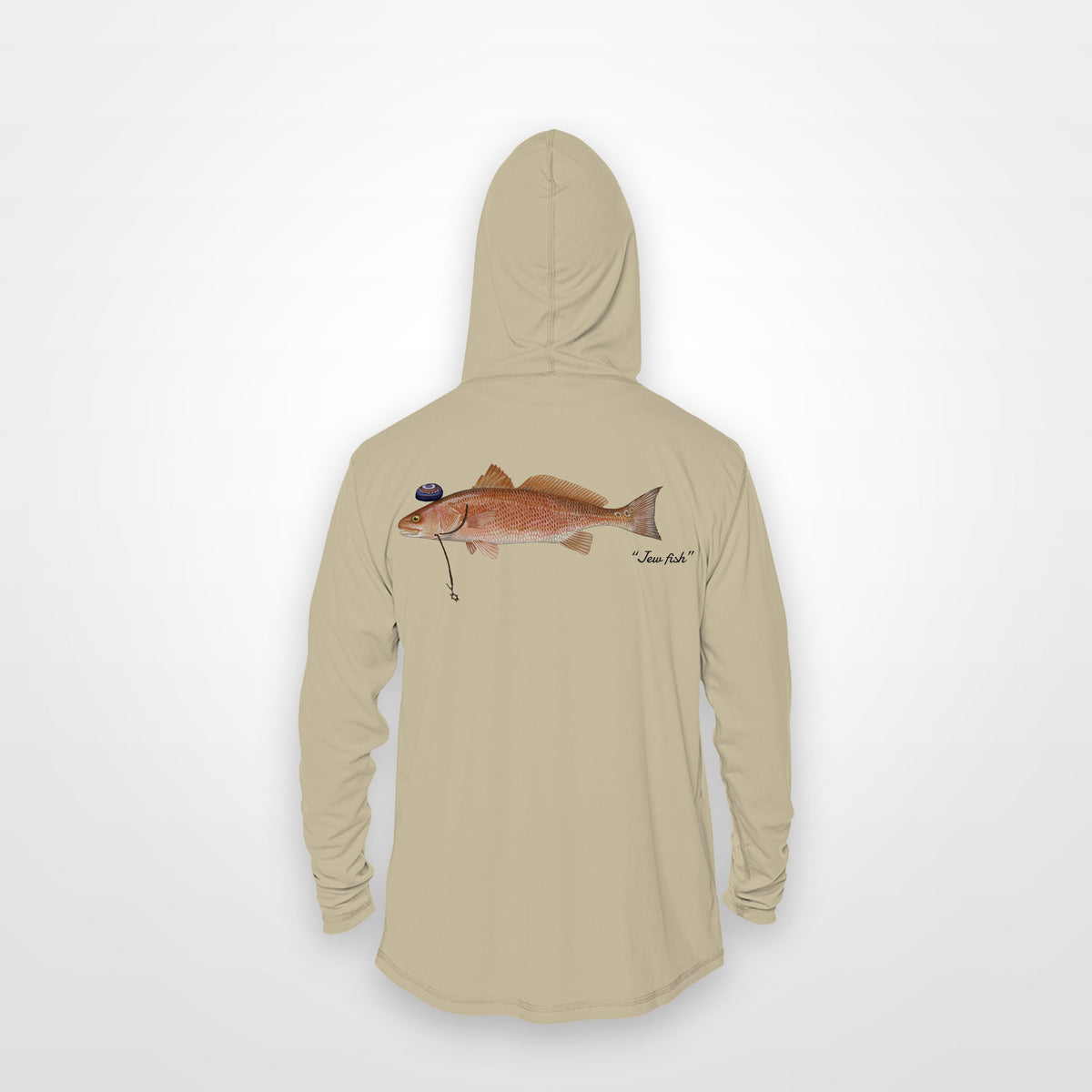Sand "Jew fish" redfish sun hoodie, back view: redfish in a kippah and Star of David chain, printed 12 inches wide