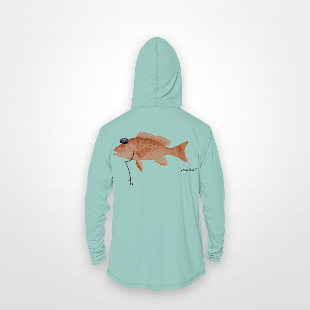 Seafoam "Jew fish" red snapper sun hoodie, back view: red snapper in a kippah and Star of David chain, printed 12 inches wide