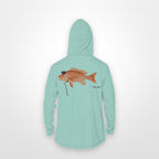 Seafoam "Jew fish" red snapper sun hoodie, back view: red snapper in a kippah and Star of David chain, printed 12 inches wide