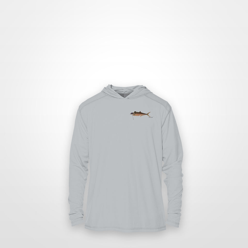 Light Grey "Jew fish" Spanish mackerel sun hoodie, front view: small Spanish mackerel chest mark