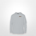 Light Grey "Jew fish" Spanish mackerel sun hoodie, front view: small Spanish mackerel chest mark