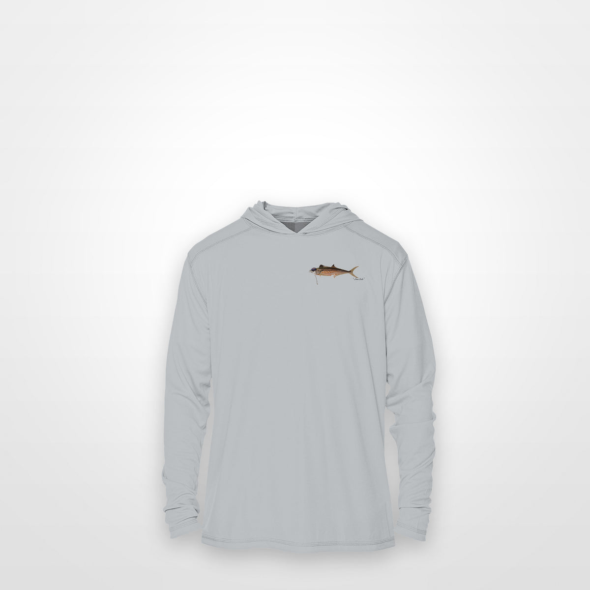 Light Grey "Jew fish" Spanish mackerel sun hoodie, front view: small Spanish mackerel chest mark