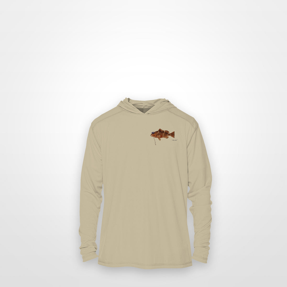 Sand "Jew fish" red grouper sun hoodie, front view: small red grouper chest mark