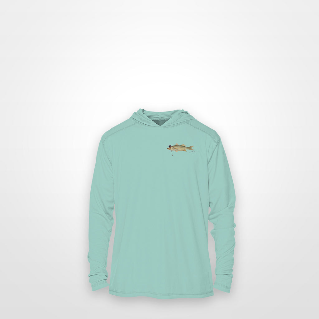 Seafoam "Jew fish" snook sun hoodie, front view: small snook chest mark