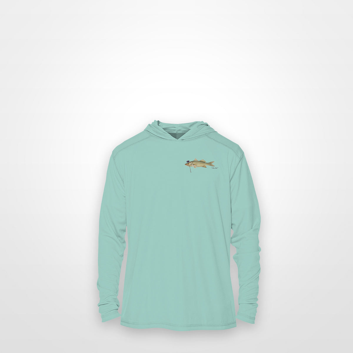 Seafoam "Jew fish" snook sun hoodie, front view: small snook chest mark