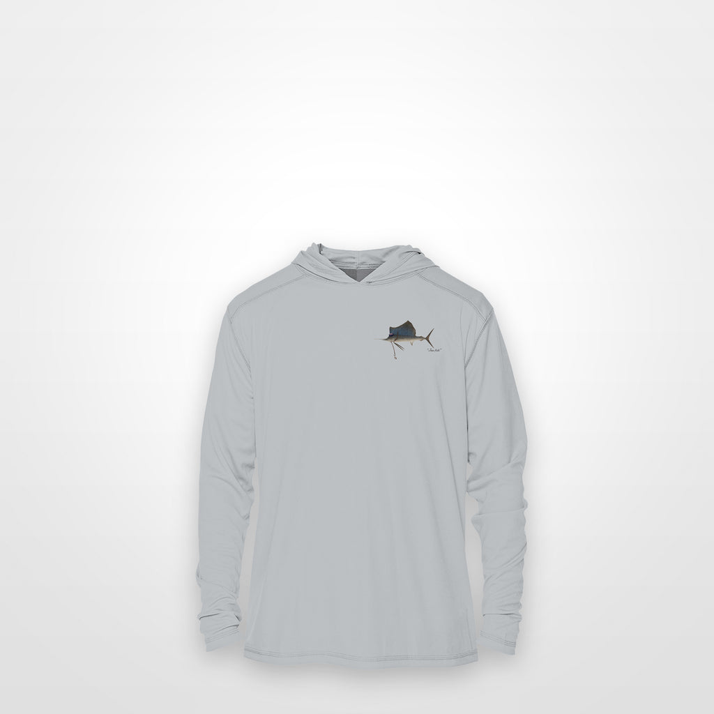 Light Grey "Jew fish" sailfish sun hoodie, front view: small sailfish chest mark