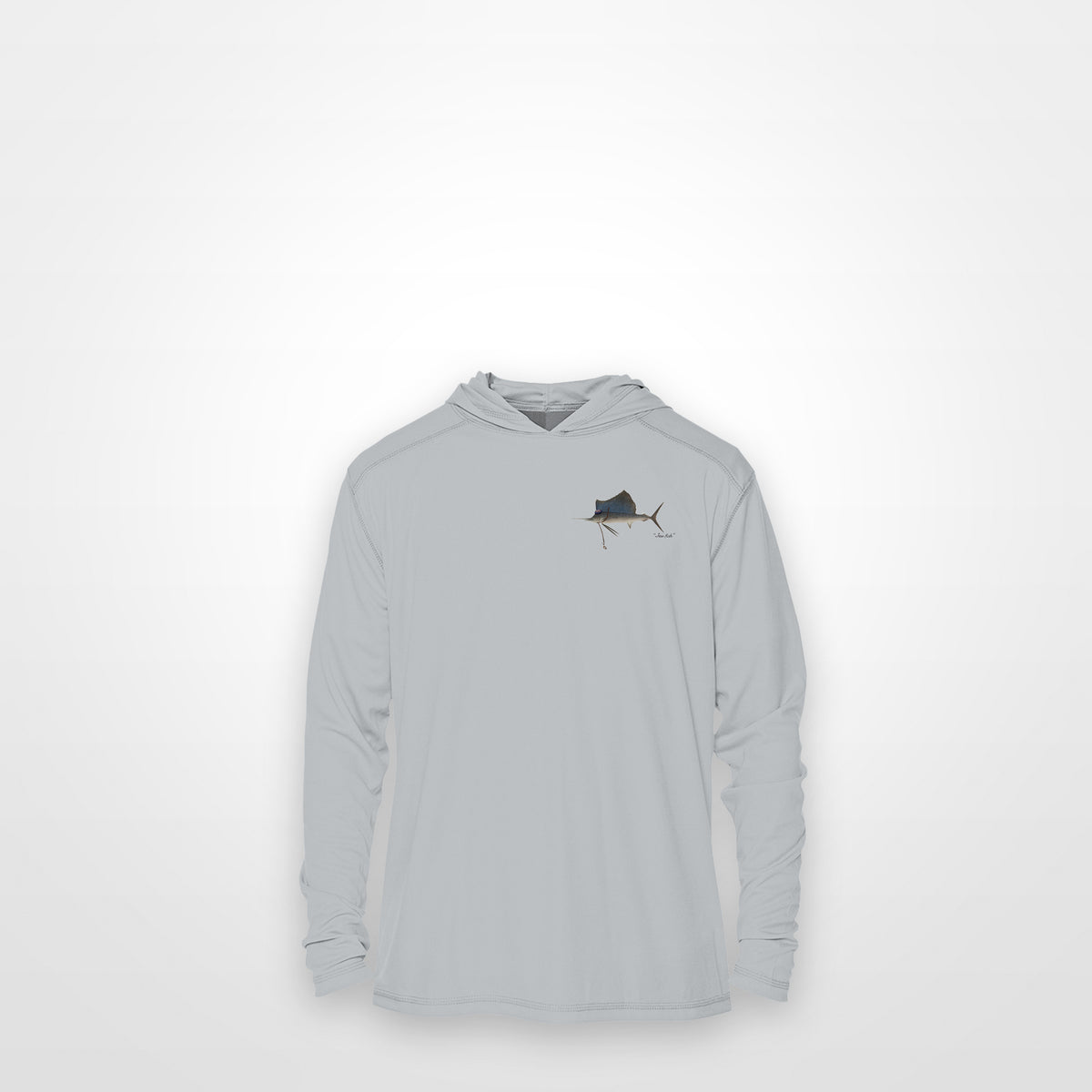 Light Grey "Jew fish" sailfish sun hoodie, front view: small sailfish chest mark