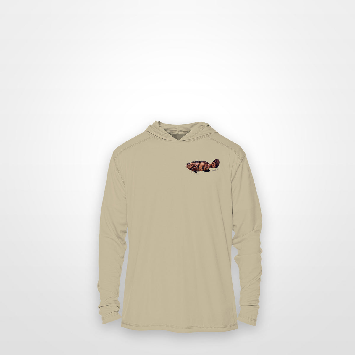 Sand "Jew fish" Goliath grouper sun hoodie, front view: small Goliath grouper chest mark