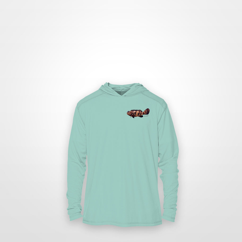 Seafoam "Jew fish" Goliath grouper sun hoodie, front view: small Goliath grouper chest mark