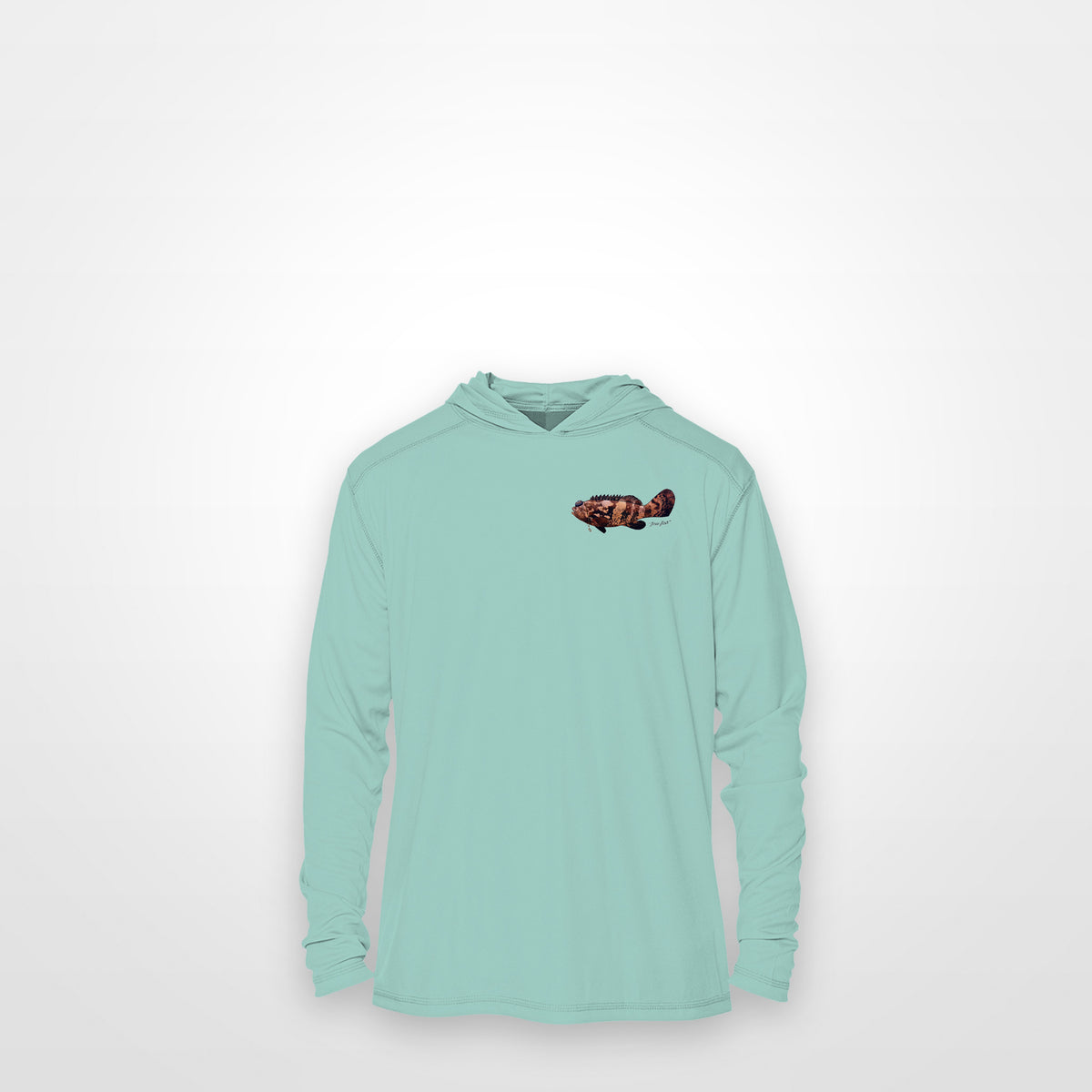 Seafoam "Jew fish" Goliath grouper sun hoodie, front view: small Goliath grouper chest mark