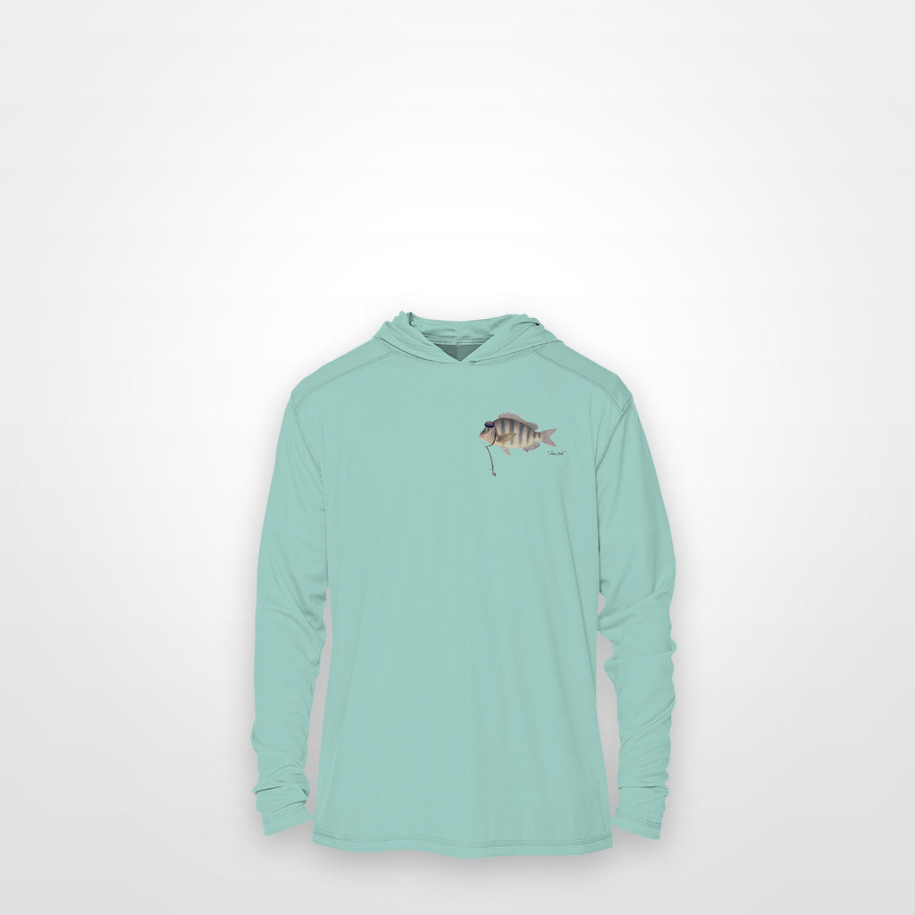 Seafoam "Jew fish" sheepshead sun hoodie, front view: small sheepshead chest mark