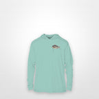 Seafoam "Jew fish" sheepshead sun hoodie, front view: small sheepshead chest mark