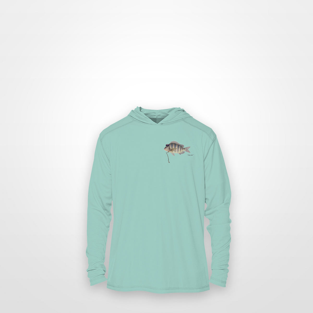 Seafoam "Jew fish" sheepshead sun hoodie, front view: small sheepshead chest mark