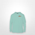 Seafoam "Jew fish" redfish sun hoodie, front view: small redfish chest mark
