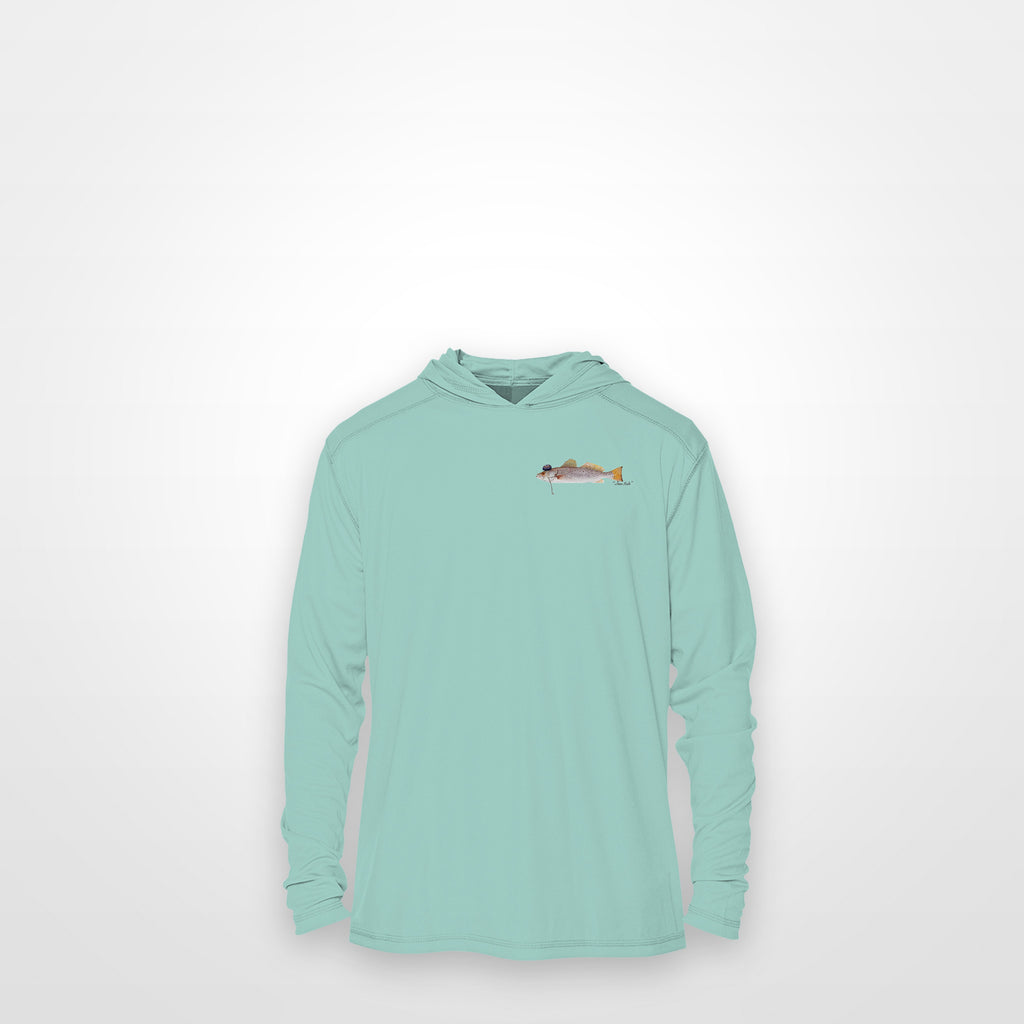 Seafoam "Jew fish" speckled trout sun hoodie, front view: small speckled trout chest mark