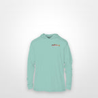 Seafoam "Jew fish" speckled trout sun hoodie, front view: small speckled trout chest mark