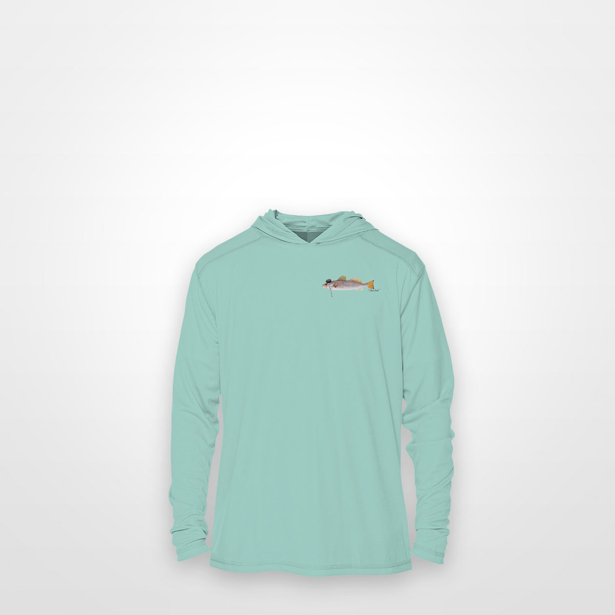 Seafoam "Jew fish" speckled trout sun hoodie, front view: small speckled trout chest mark