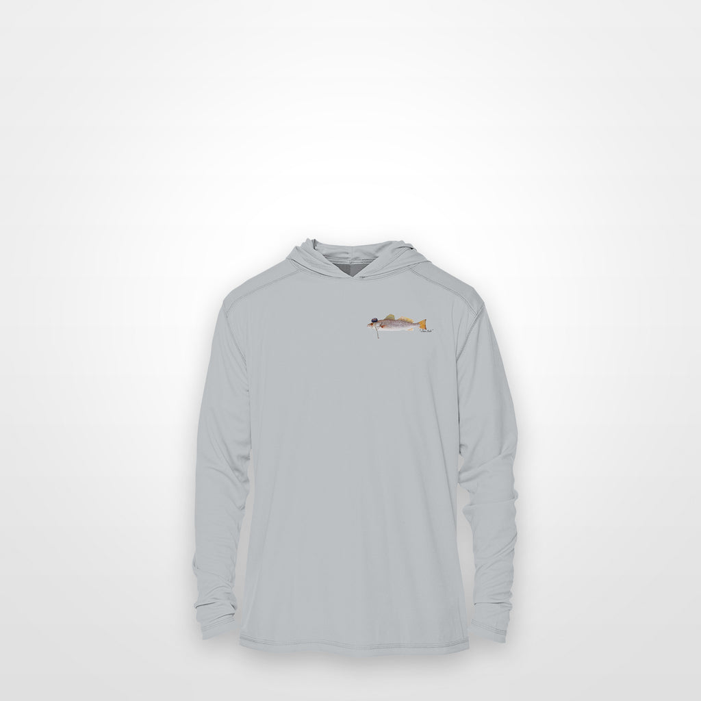 Light Grey "Jew fish" speckled trout sun hoodie, front view: small speckled trout chest mark