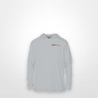 Light Grey "Jew fish" speckled trout sun hoodie, front view: small speckled trout chest mark