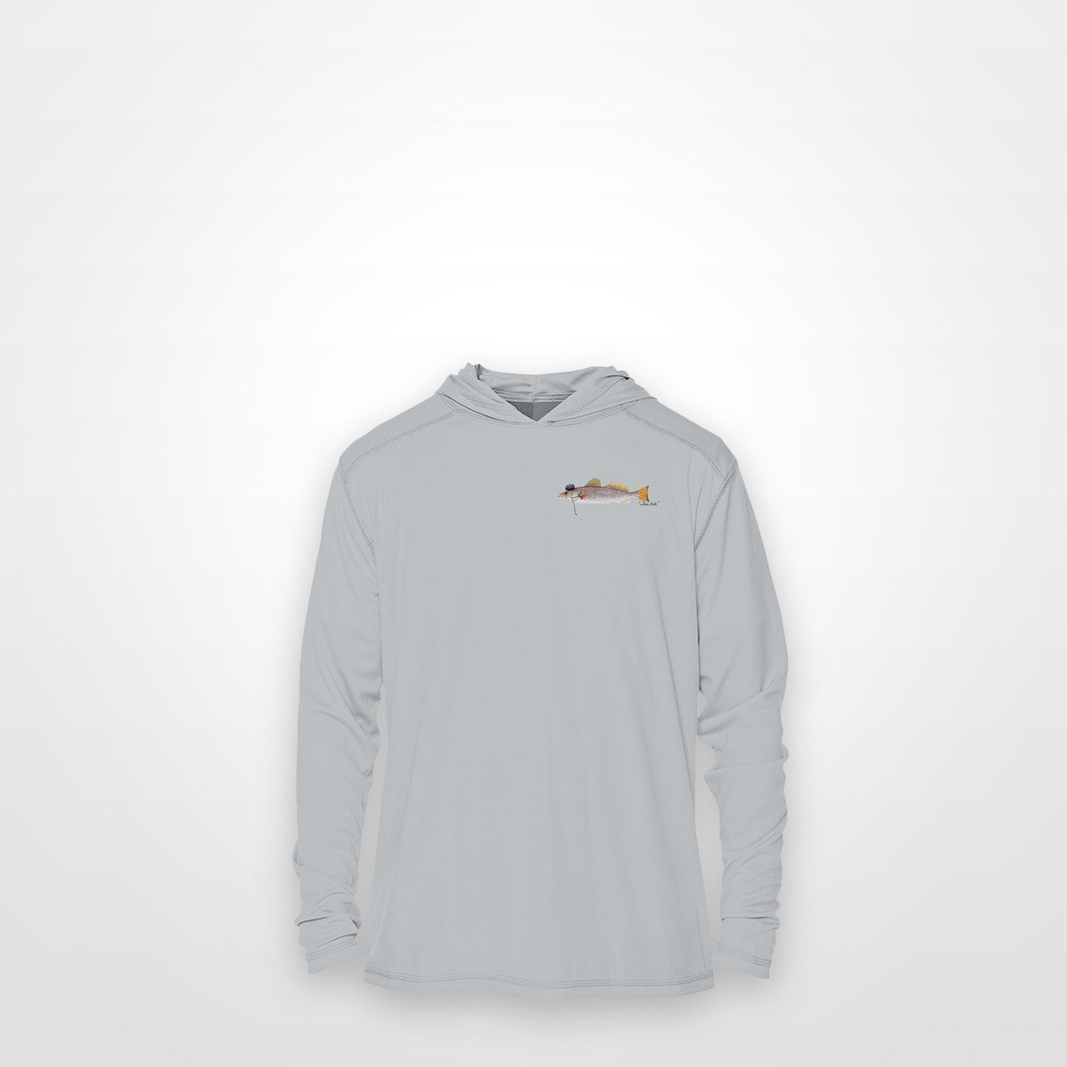 Light Grey "Jew fish" speckled trout sun hoodie, front view: small speckled trout chest mark