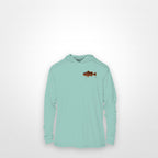 Seafoam "Jew fish" red grouper sun hoodie, front view: small red grouper chest mark