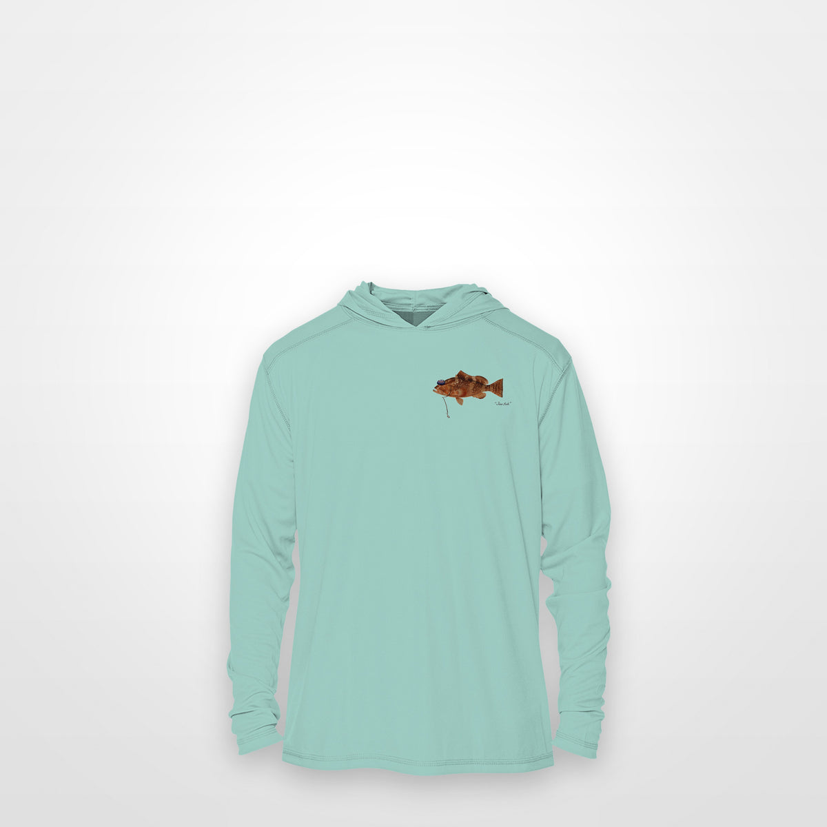 Seafoam "Jew fish" red grouper sun hoodie, front view: small red grouper chest mark