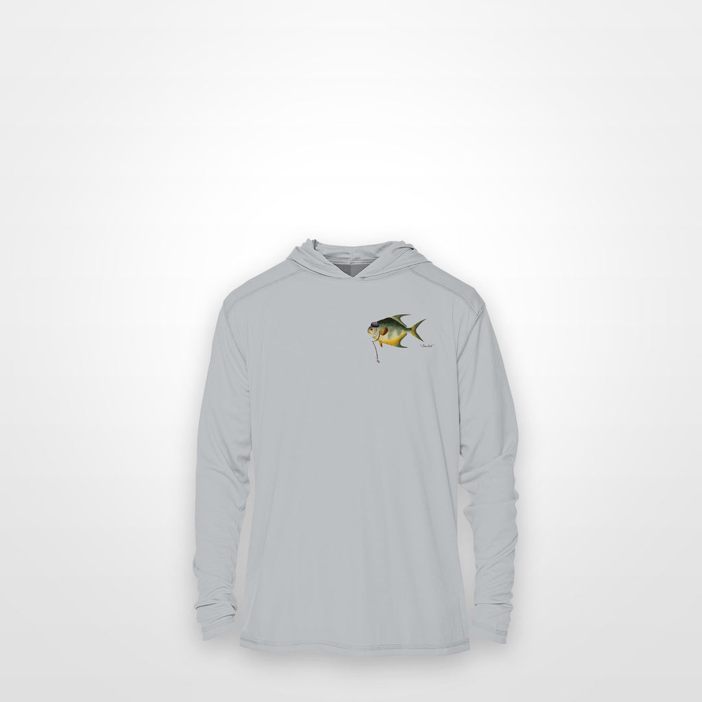 Light Grey "Jew fish" permit sun hoodie, front view: small permit chest mark