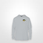 Light Grey "Jew fish" permit sun hoodie, front view: small permit chest mark