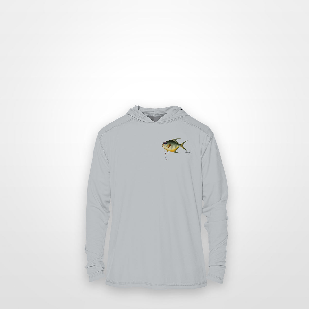 Light Grey "Jew fish" permit sun hoodie, front view: small permit chest mark