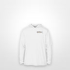White "Jew fish" bluefish sun hoodie, front view: small bluefish chest mark