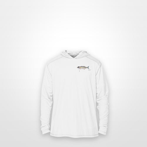 White "Jew fish" bluefish sun hoodie, front view: small bluefish chest mark
