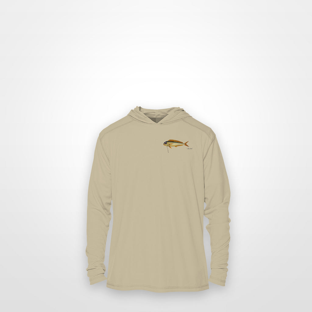 Sand "Jew fish" mahi sun hoodie, front view: small mahi chest mark