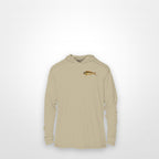 Sand "Jew fish" mahi sun hoodie, front view: small mahi chest mark