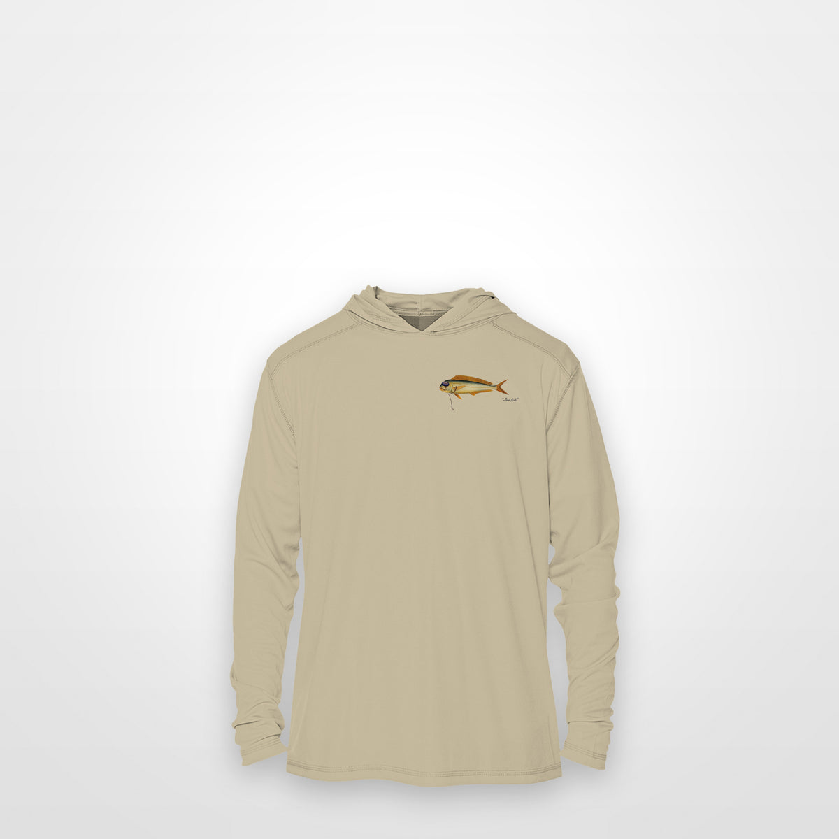Sand "Jew fish" mahi sun hoodie, front view: small mahi chest mark