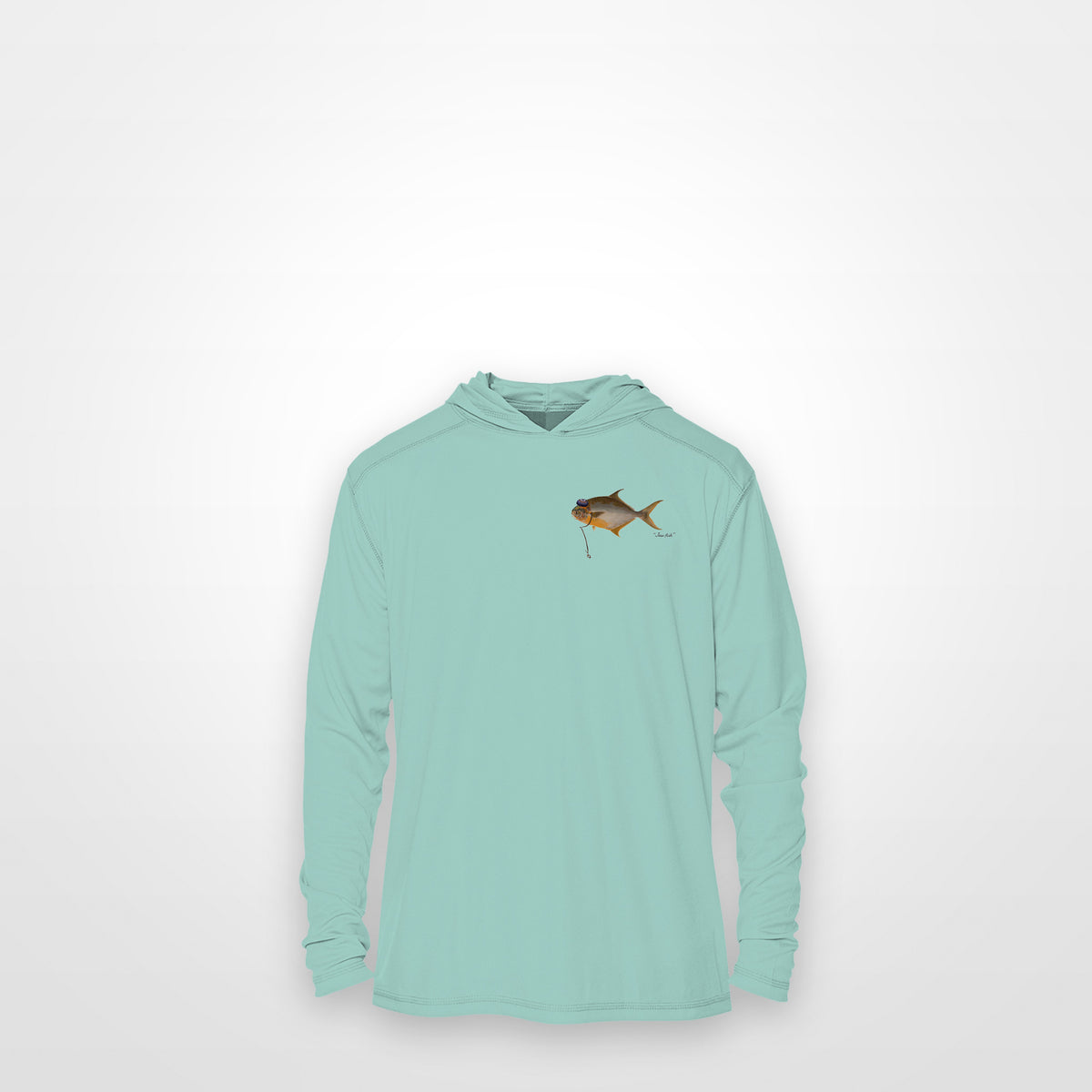 Seafoam "Jew fish" pompano sun hoodie, front view: small pompano chest mark