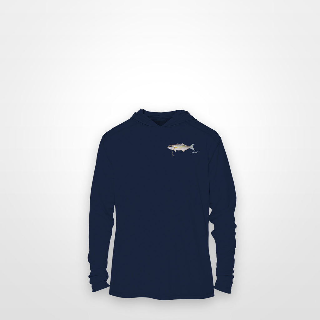 Navy "Jew fish" bluefish sun hoodie, front view: small bluefish chest mark