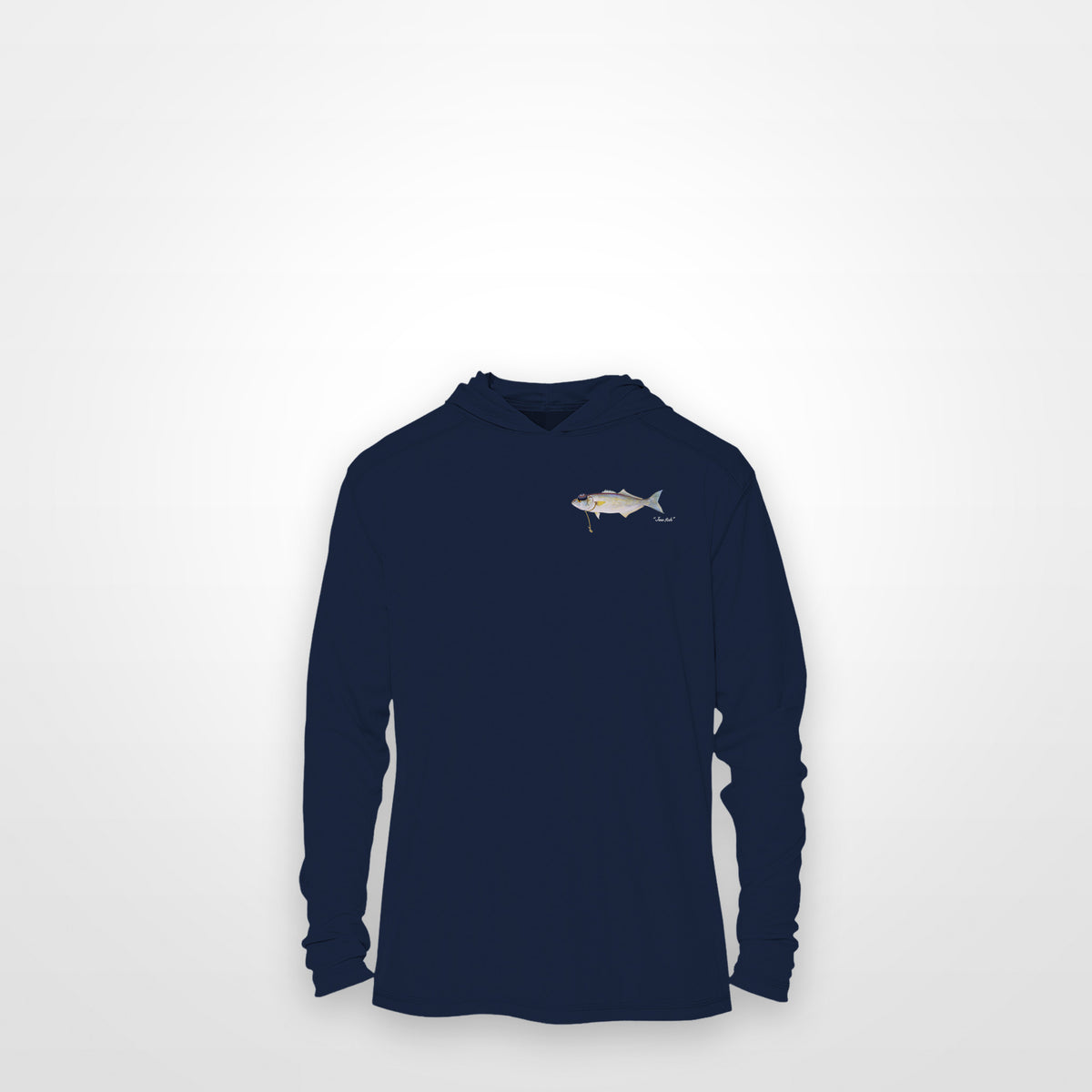 Navy "Jew fish" bluefish sun hoodie, front view: small bluefish chest mark