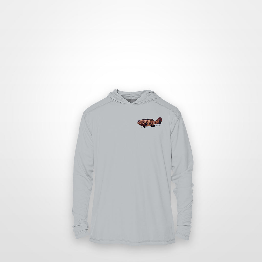 Light Grey "Jew fish" Goliath grouper sun hoodie, front view: small Goliath grouper chest mark