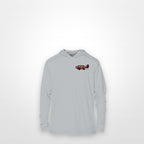 Light Grey "Jew fish" Goliath grouper sun hoodie, front view: small Goliath grouper chest mark