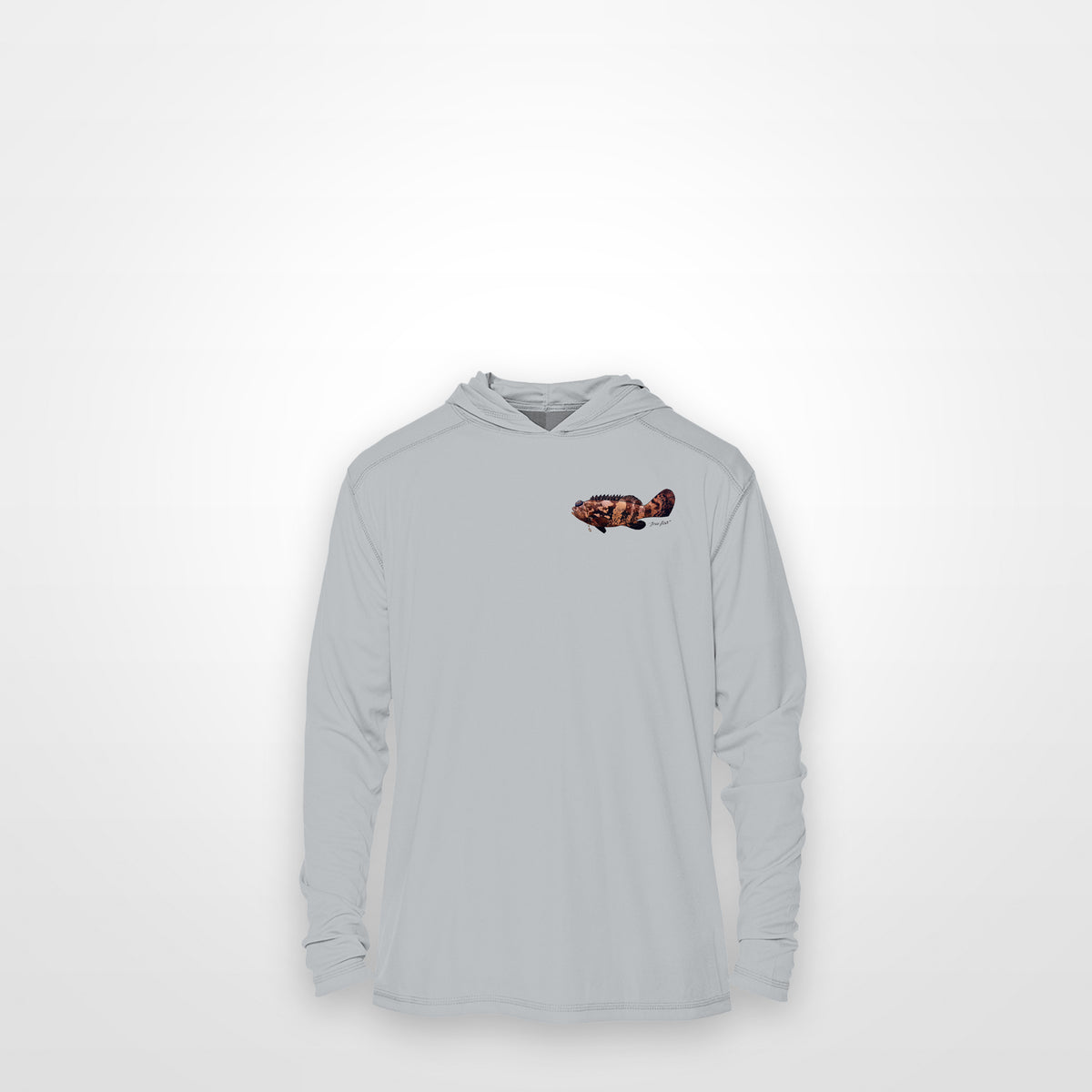 Light Grey "Jew fish" Goliath grouper sun hoodie, front view: small Goliath grouper chest mark